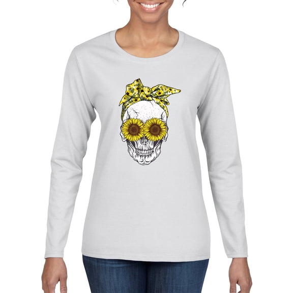 Skull Sunflower Skeleton Bandana Inspirational/Christian Womens Graphic Long Sleeve T-Shirt, White, 2XL