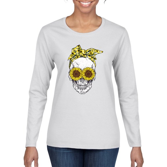 Skull Sunflower Skeleton Bandana Inspirational/Christian Womens Graphic Long Sleeve T-Shirt, White, Medium