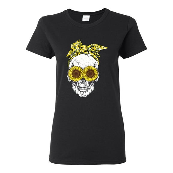 Skull Sunflower Skeleton Bandana Inspirational/Christian Womens Graphic T-Shirt, Black, Small