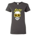 thumbnail image 1 of Skull Sunflower Skeleton Bandana Inspirational/Christian Womens Graphic T-Shirt, Charcoal, Small, 1 of 3