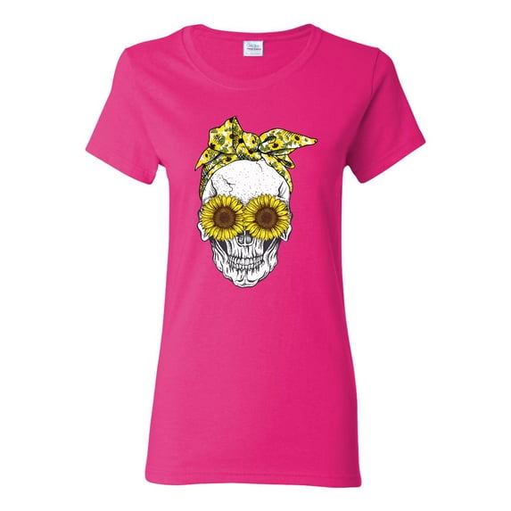 Skull Sunflower Skeleton Bandana Inspirational/Christian Womens Graphic T-Shirt, Fuschia, Small