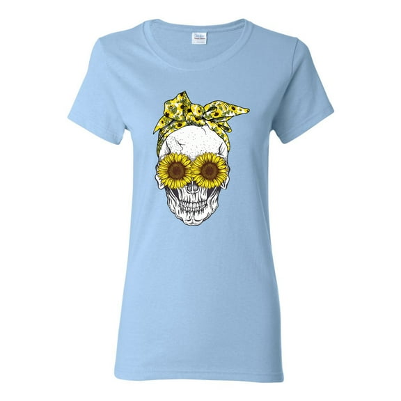 Skull Sunflower Skeleton Bandana Inspirational/Christian Womens Graphic T-Shirt, Light Blue, 2XL