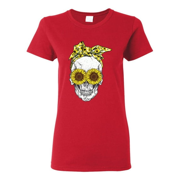 Skull Sunflower Skeleton Bandana Inspirational/Christian Womens Graphic T-Shirt, Red, 3XL