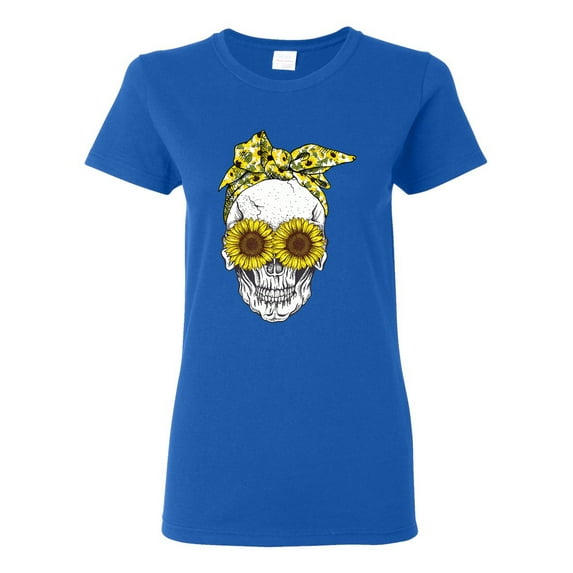 Skull Sunflower Skeleton Bandana Inspirational/Christian Womens Graphic T-Shirt, Royal, Small