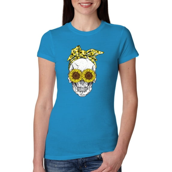 Skull Sunflower Skeleton Bandana Inspirational/Christian Womens Slim Fit Junior Tee, Turquoise, Medium