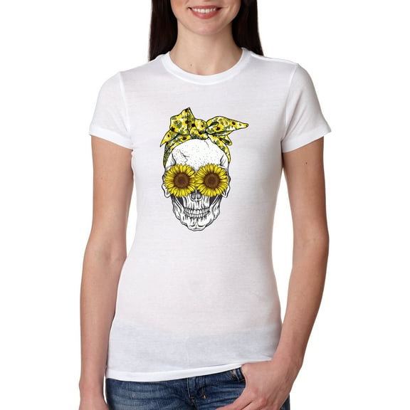 Skull Sunflower Skeleton Bandana Inspirational/Christian Womens Slim Fit Junior Tee, White, 2XL
