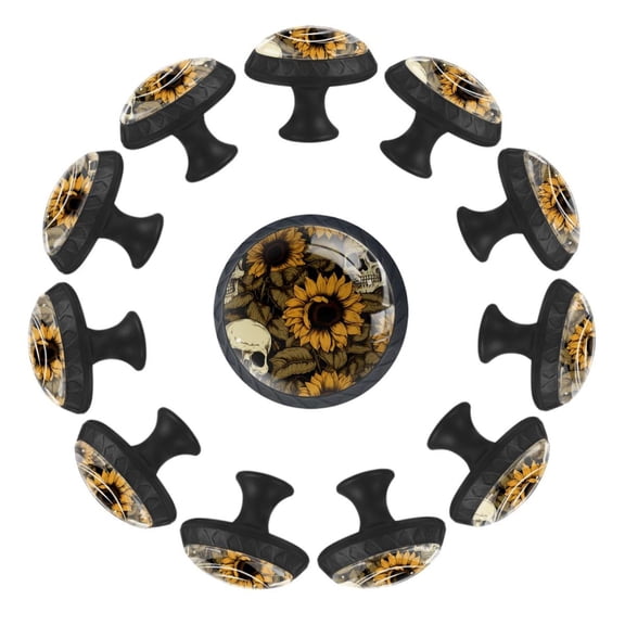 Skull with Sunflowers Aesthetic Pattern 35MM Round Glass Cabinet Knobs, Kitchen Knobs for Drawer Dresser Cupboard Wardrobe Modern Pulls Handles Hardware, Set of 12