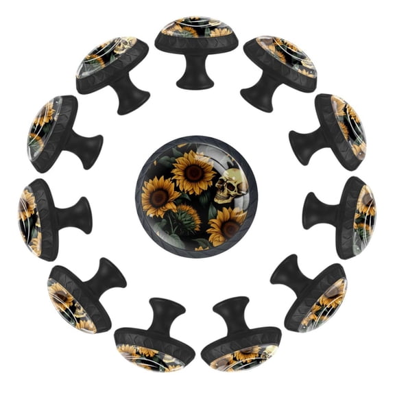 Skull with Sunflowers Aesthetic Pattern 35MM Round Glass Cabinet Knobs, Kitchen Knobs for Drawer Dresser Cupboard Wardrobe Modern Pulls Handles Hardware, Set of 12