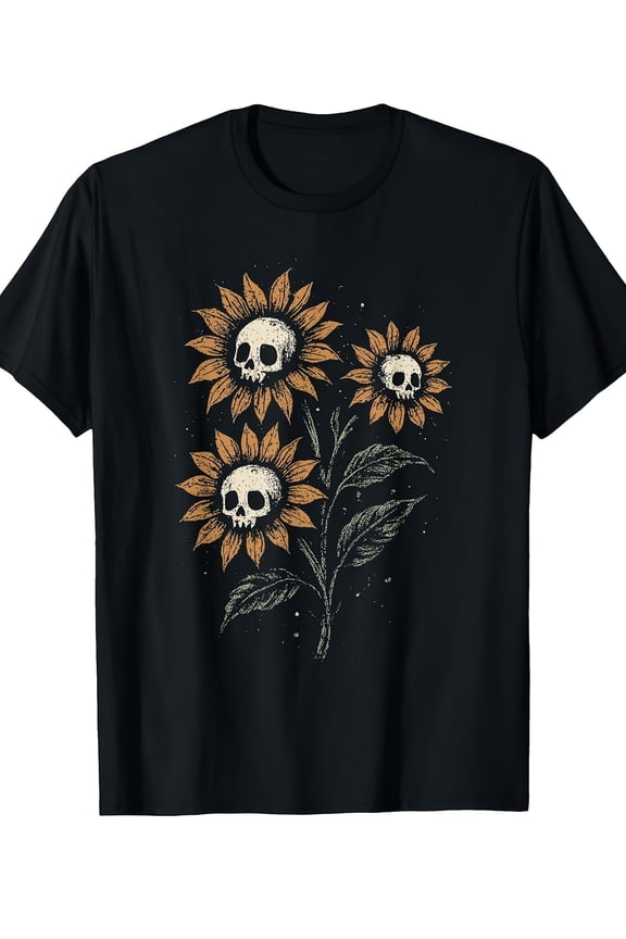 Skull Sunflowers Gothic Goth Creepy Cute Alt Grunge Y2K T-Shirt