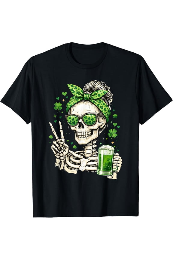 Skull Sunglass Messy Bun Irish Funny St Patrick's Day Women T-Shirt