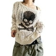 thumbnail image 1 of Skull Sweaters for Women YK2 Hollow Knit Sweater Long Sleeve Crochet Halloween Skull Sweaters T-Shirts(F), 1 of 6