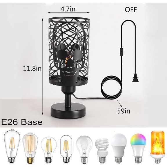 Skull Table Lamp with Plug-in Switch, Black Industrial Nightstand Lamp with Round Skull Metal Cage Lampshades, E26 Goth Desk Lamp for Bedroom, Festive (Plug-in Switch lamp)$$