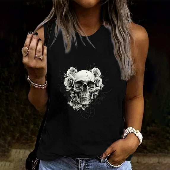 Skull Tank Tops for Women,Sriper Summer Blouses 2025 Work,Sleeveless Shirts Cotton Round Neck,Tunic Top T-Shirt,Trendy Clothes 2025,Playeras De Mujer,Black 2X
