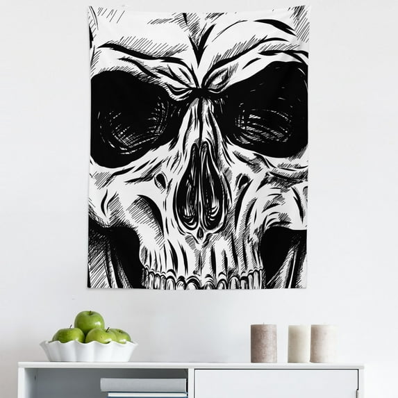 Skull Tapestry, Gothic Dead Skull Face Close up Sketch Evil Anatomy Skeleton Illustration, Fabric Wall Hanging Decor for Bedroom Living Room Dorm, 5 Sizes, Black White, by Ambesonne