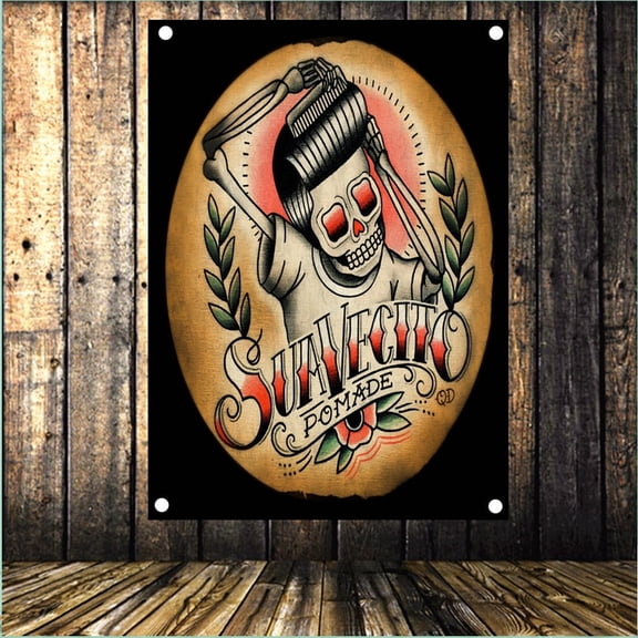 Skull Tattoo Wall Art Picture Poster 38" x 57" Wall Hanging Flag Barber Shop Signboard Haircut and Shave Ads Banner Wall Art Decorative Painting