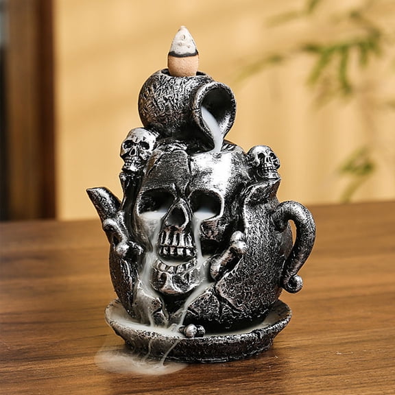Skull Teapot Reverse Incense Burner – Resin Black Gothic Altar Decor, Halloween Party Supply