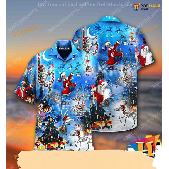 Skull Themed Christmas Hawaiian Shirt, Santa Claus Shirt
