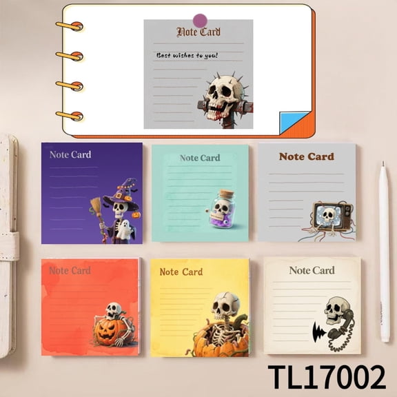 Skull - Themed Note Card - Ideal for Halloween (3.543.54 Inches) 100-Pack with105 Emoticon Stickers, Strong Adhesive for All Your Note - Taking Needs, Easy To Write on, Great for Project Planning