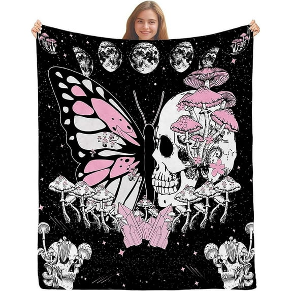 Skull Throw Blanket, Black Blanket, Pink Butterfly Blanket, Mushroom Blanket, Moon Phase Moth Skeleton Blanket, Cozy Warm Lightweight Soft Flannel Fleece Blanket for Couch, Sofa, 40"x50"