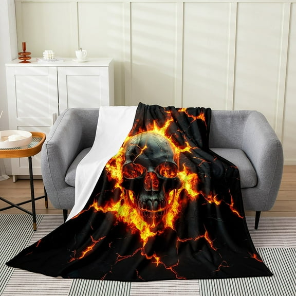 Skull Throw Blanket,Mystic Gothic Skeleton Red Flame Fleece Blanket for Bedroom Decor,Natural Disaster Volcano Eruption Lava 3D Print Super Soft Blanket for All Seasons,Queen 90"x90"