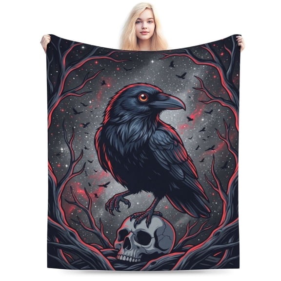Skull Throw Blanket, Skeleton Crow Blanket, Super Soft Cozy Plush Fluffy Fuzzy Flannel Blanket, Halloween Decor, Gift for Men & Women 50x40