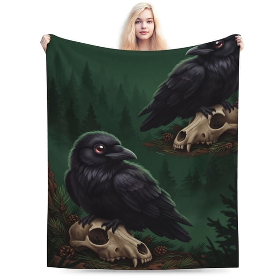 Skull Throw Blanket, Skeleton Crow Blanket, Super Soft Cozy Plush Fluffy Fuzzy Flannel Blanket, Halloween Decor, Gift for Men & Women 50x40