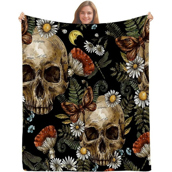 Skull Throw Blanket, Twin Blanket, Red Mushroom Blanket, Moth Daisy Floral Green Botanical Gothic Skeleton Blanket, Cozy Warm Soft Plush Flannel Fleece Blanket for Bed, Couch, Sofa, 60"x80"