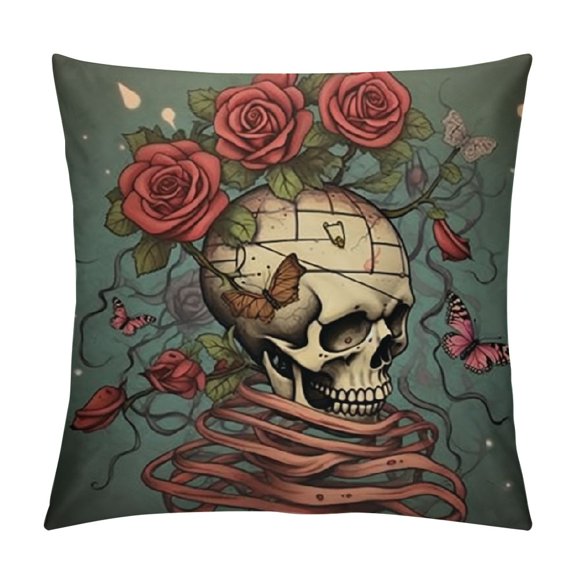 Skull Throw Pillow Cushion Cover, Evil Mexican Sugar Skeleton with Bush of Roses Snake and Butterfly Artwork, Decorative Square Accent Pillow Case, , Ruby Grey
