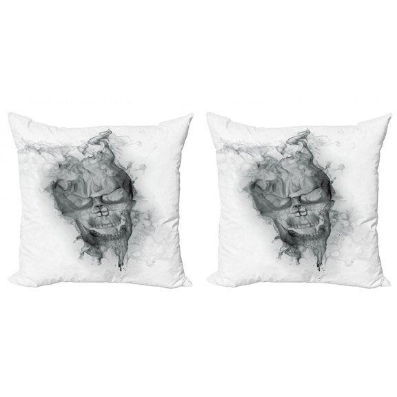 Ambesonne White Throw Pillow Cover 2 Pack, Smoky Skull Grungy Art, 18", Grey White