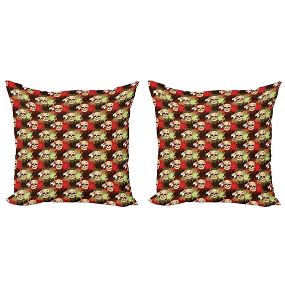 Ambesonne Colorful Throw Pillow Cover 2 Pack, Skull Feather Pattern, 18", Pistachio Green Cream