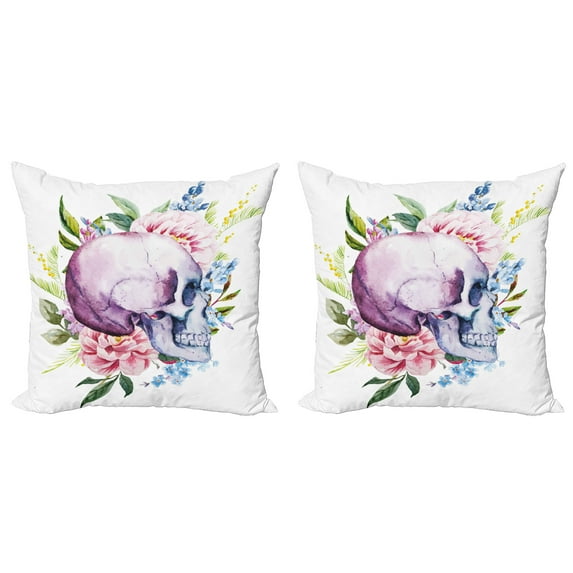 Ambesonne Colorful Throw Pillow Cover 2 Pack, Abstract Skull Flowers, 24", Multicolor