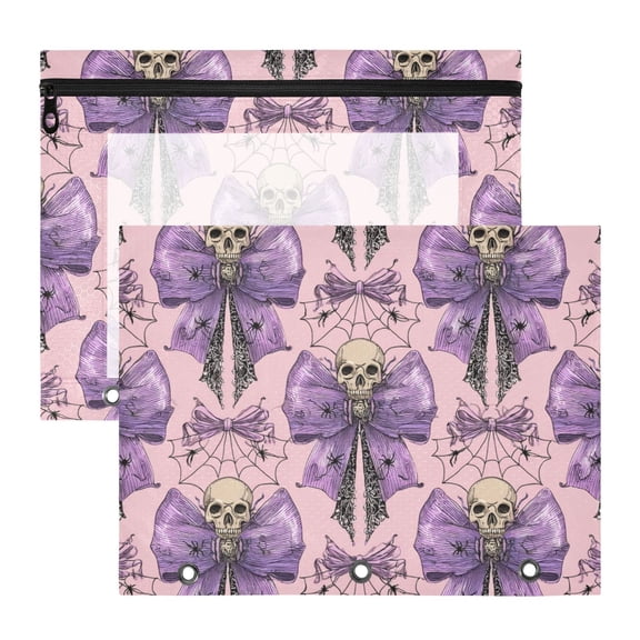 Skull Tie on Bows Araneid Nets Halloween 3-Ring Binder Pocket with Zipper Pencil Pouches A4 Size File Storage 2 Packs