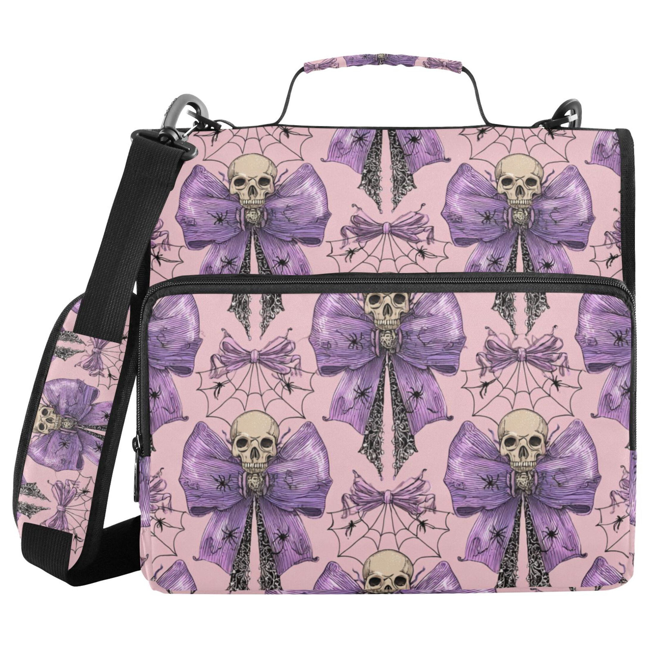 Skull Tie on Bows Araneid Nets Halloween Binder Bag with Shoulder Strap 3 Ring Zipper Binder File Folder Document Storage