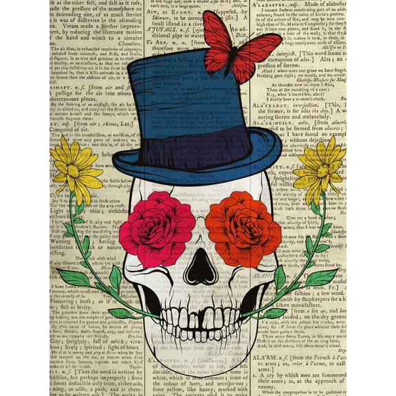 Skull Top Hat Flower Butterfly Upcycle Style Dictionary Extra Large XL Wall Art Poster Print