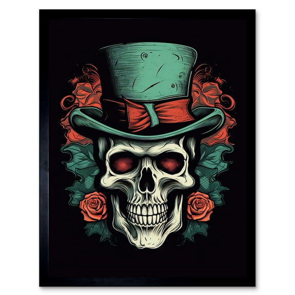 Skull Top Hat and Roses Tattoo Ink Body Art Rockabilly Americana 50s Art Print Framed Poster Wall Decor 12x16 inch