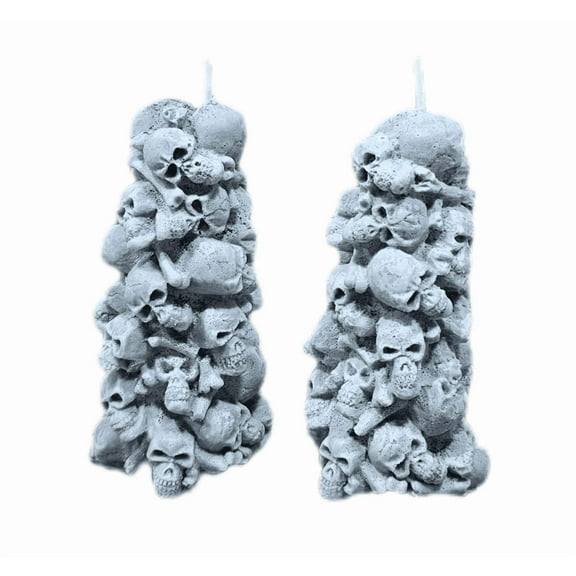 Skull Tower Candle, Gray, Coconut Soy Wax, Handcrafted Gothic Decor, 2ct