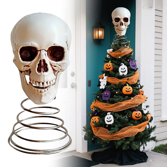 Skull Tree Topper for Halloween and Christmas, 7.4 Inch Gothic Skeleton Head Ornament with Spring Base, Holiday Tree Decoration for Party Seasonal Display