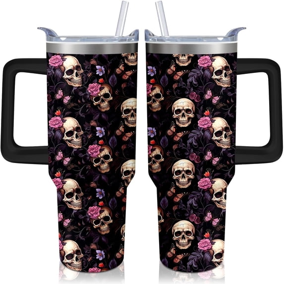 Skull Tumbler with Handle and Straw,40 oz Skeleton Rose Butterfly Stainless Steel Insulated Cup with Lid and Straw,Goth Travel Coffee Mug Water Bottle,Birthday Halloween Mothers Day Gifts for Women