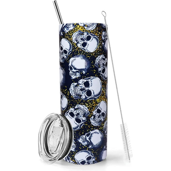 Skull Tumbler With Lid and Straw 20 oz Insulated Black Skull Tumbler Stainless Steel Skull Skinny Tumbler Water Bottle Travel Mug Wine Cups Gifts for Women