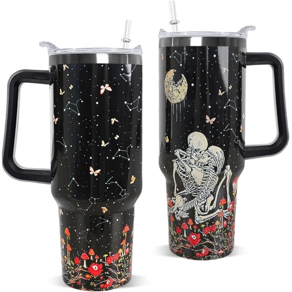 Skull Tumbler with Handle and Straw 40 oz Gothic Skull Coffee Travel Mug Insulated Cup Skull Stuff Gifts for Women for Halloween Goth Decor