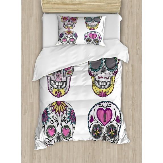 Skull Twin Size Duvet Cover Set, Colorful Ornate Mexican Sugar Skull Set with Flower and Heart Pattern Calavera Humor, Decorative 2 Piece Bedding Set with 1 Pillow Sham, Multicolor, by Ambesonne