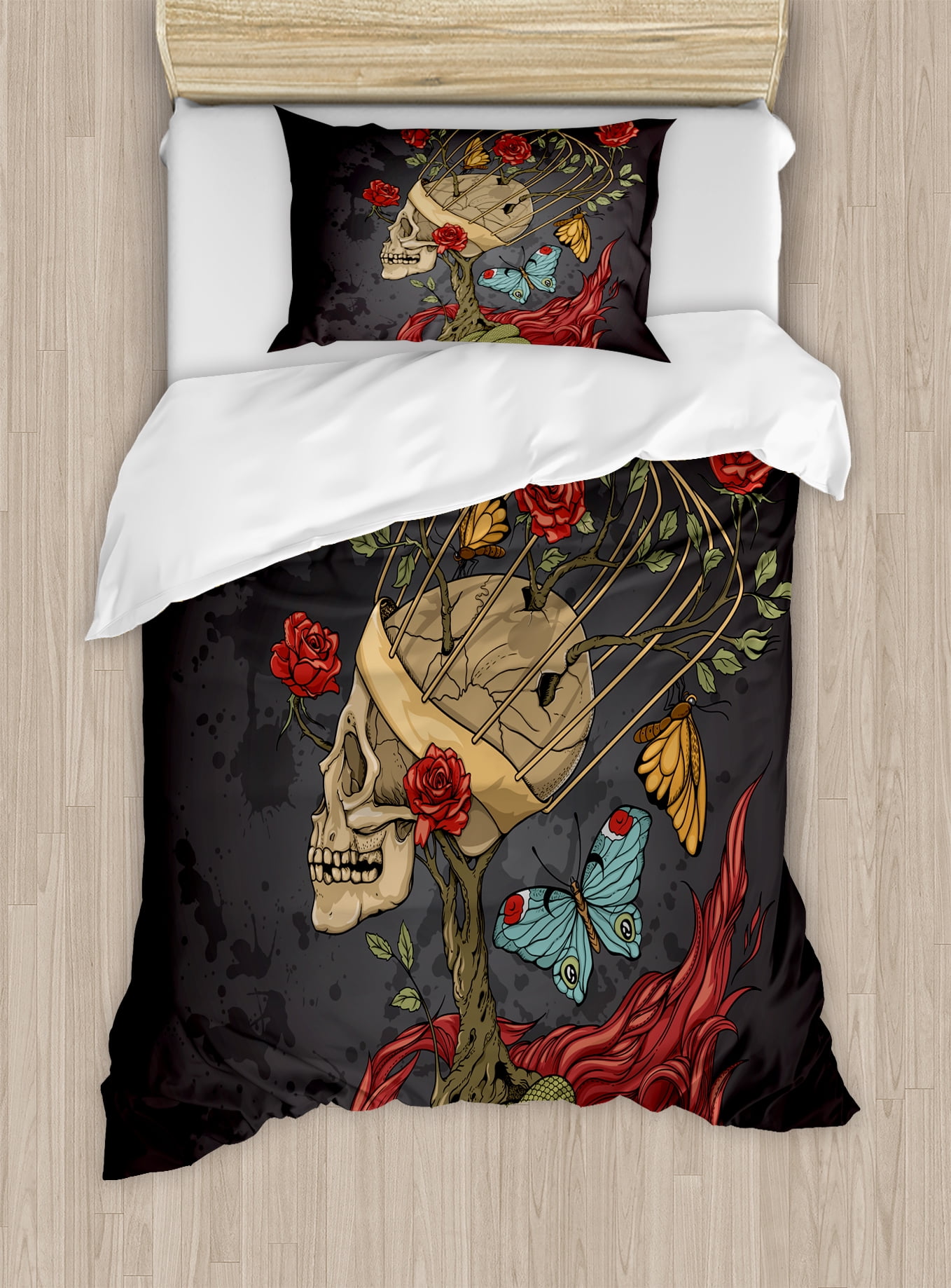 Skull Twin Size Duvet Cover Set, Evil Mexican Sugar Skeleton with Kitsch  Bush of Roses Snake and Butterfly Artwork, Decorative 2 Piece Bedding Set  with 1 Pillow Sham, Ruby Dark Grey, by, image size:1358x1838