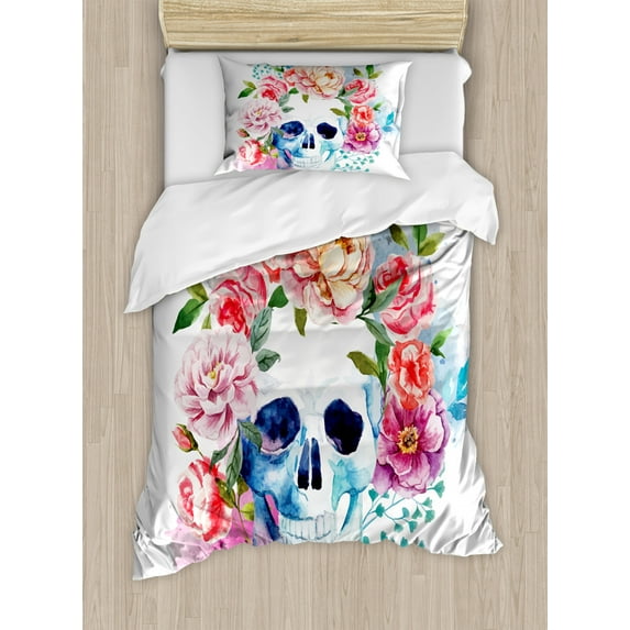 Skull Twin Size Duvet Cover Set, Funny Skull with Colorful Floral Head Victorian Style Dead Skeleton Graphic Art Print, Decorative 2 Piece Bedding Set with 1 Pillow Sham, Multicolor, by Ambesonne