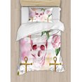 thumbnail image 1 of Skull Twin Size Duvet Cover Set, Nautical Anchor With Victorian Roses Peonies Vintage Art Design Print, Decorative 2 Piece Bedding Set with 1 Pillow Sham, White Pink Brown Green, by Ambesonne, 1 of 3