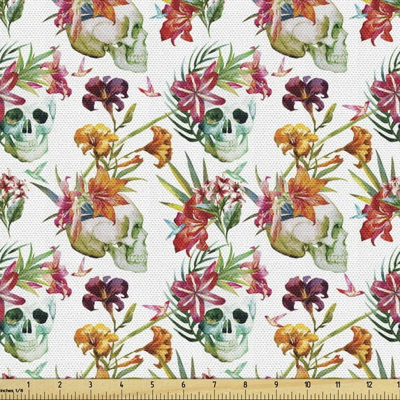 Ambesonne Floral Fabric by the Yard Upholstery, Lilies Blossoms Skull, 1 Yard, Pink Orange Green
