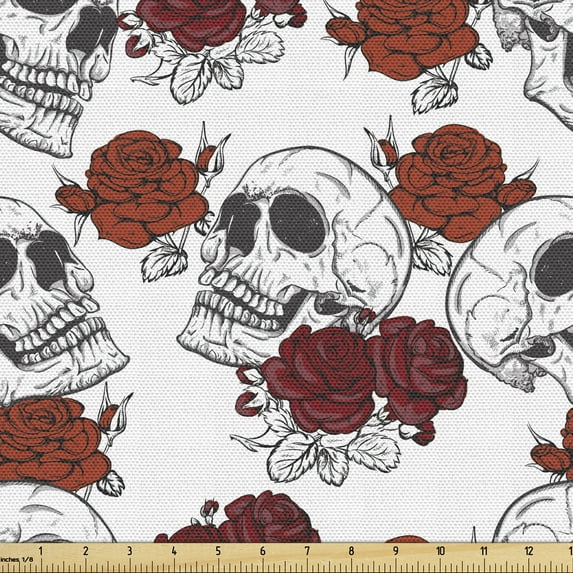 Ambesonne Halloween Fabric by the Yard Upholstery, Roses Gothic Skull, 3 Yards, Grey