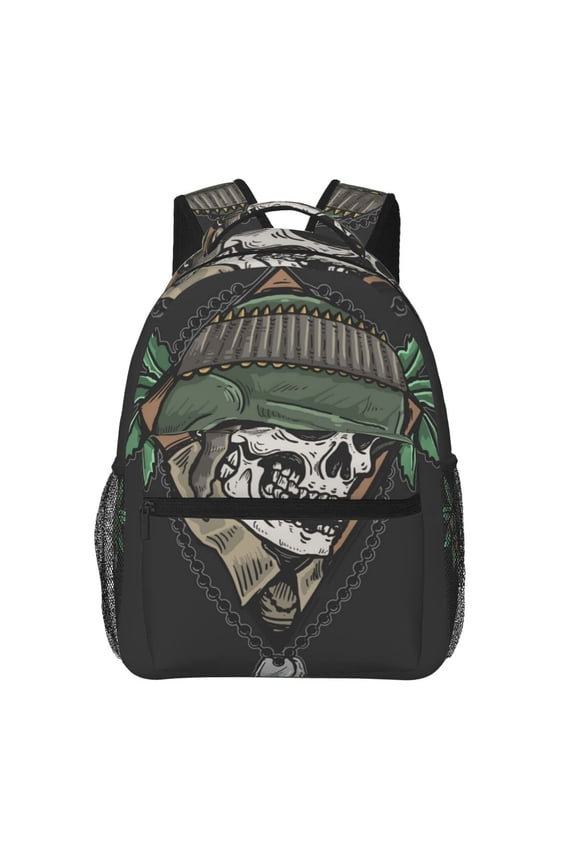 Skull Veteran Army Leaf Backpack Casual College Bag Zipper Laptop Daypack Hiking Rucksack Travel
