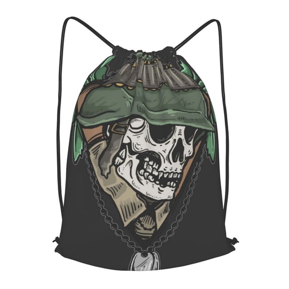 Skull Veteran Army Leaf Drawstring Backpack Gym String Bag Sports Sackpack Cinch Sack, Small