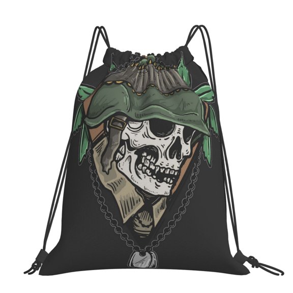 Skull Veteran Army Leaf Large Drawstring Backpack Casual Cinch Sack Bag Backpack for Sports Hiking Travel Gym