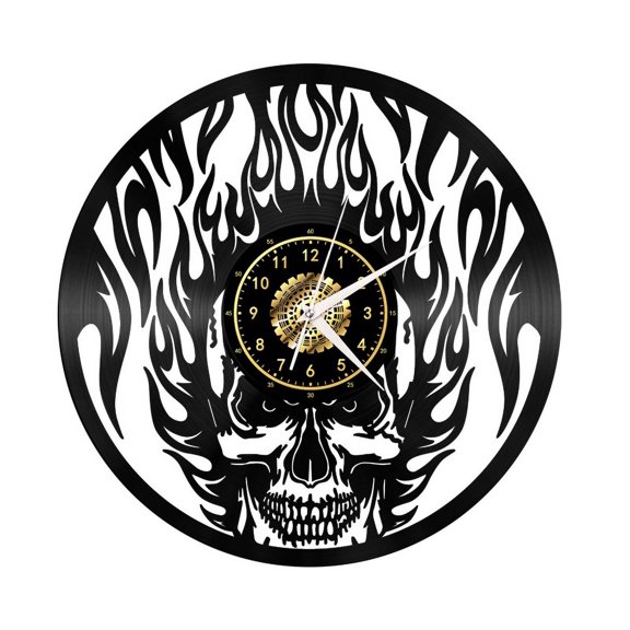 Skull Vintage Black Vinyl Record Wall Clock Wall Art 3D Modern Design Office Bar Room Home Decor Gift